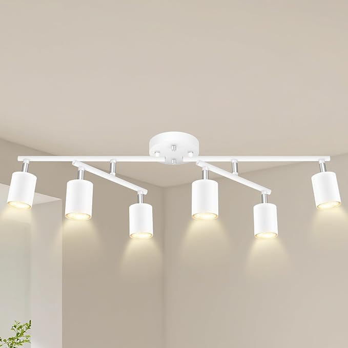BoostArea 6 Light Track Lighting Kit, White 6 Way Ceiling Spot Lighting, Center Swivel Track Light Heads, Flexibly Rotatable Light Head for Kitchen, Living Room, Bedroom, GU10 Bulb Not Included