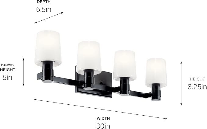 Kichler Adani 4-Light Bathroom Vanity Light, Black | Modern vanity light with opal glass for bathrooms and powder rooms (30" x 8.25"), 55177BK