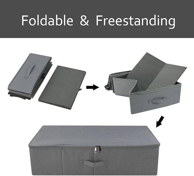 Under Bed Clothing Storage Organizer Boxes with Lid, Dark Gray | Underbed Storage Basket Container, 27.5*15.7*7", Folding, Rigid Sturdy Fabric Bins, 3-Size Zipper, Washable,space saving