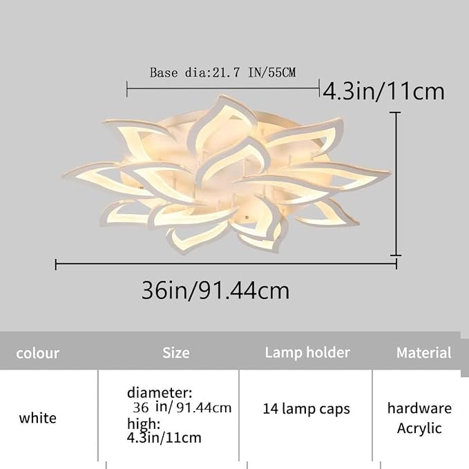 Garwarm 36" Modern LED Low-Profile Flush Mount Ceiling Light, Dimmable | White Acrylic 14-Petal Flower Ceiling Light with Remote, 3000K-6500K, Memory for Large Living Room, Bedroom and Dining Room