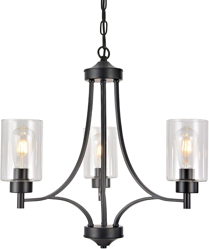 BOZO 3 Lights Black Chandeliers for Dining Room Light Fixture Over Table, Entryway Chandelier for Foyer, Hallway Lighting Fixtures with Glass Shade for Dining Room Kitchen Island Foyer Hallway