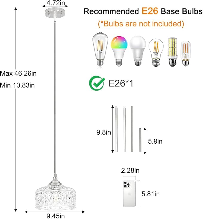 Modern Brushed Nickel Pendant Lights Kitchen Island, Bathroom Pendant Light with Clear Glass, Pendant Lighting over Island with Adjustable Rod, Farmhouse Hanging Light for Dining Room Hallway, E26