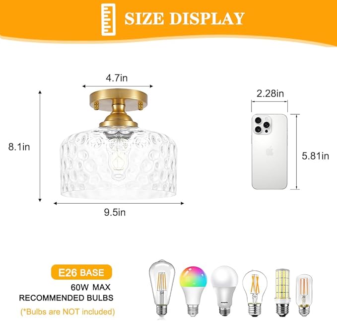 Small Semi Flush Mount Ceiling Light Fixture, Vintage Gold Close to Ceiling Lighting with Hammered Glass Shade for Hallway, Kitchen, Entryway (Retro Design, Easy Install)