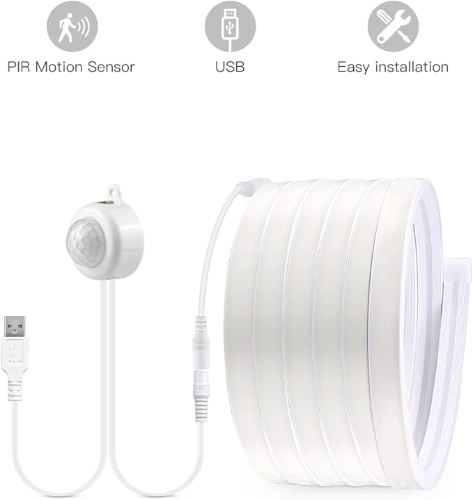 5V USB Neon LED Strip Light Waterproof 9.84Ft COB LED Strip Lights 320LEDs/M Motion Sensor LED Neon Rope Light 6500K White LED Strip for Bedroom, Cabinet, Kitchen, DIY Lighting