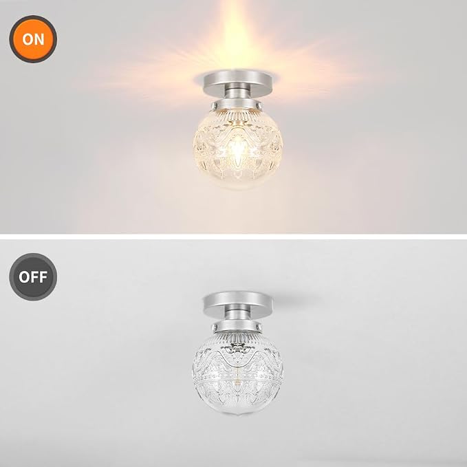 Daunton Semi Flush Mount Ceiling Light Fixtures, Vintage Globe Glass Ceiling Light Fixture, Antique Small Brushed Nickel Hallway Light Fixtures for Bedroom, Closet, Entryway, Bathroom, Kitchen