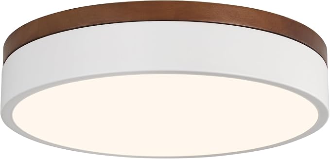 12" Minimalist White and Walnut Wood LED Flush Mount Ceiling Light | Natural Wood Accent, Integrated LED, 5CCT Before Installation, Slim Low-Profile Design, Minimalist Modern Style, Compact Size