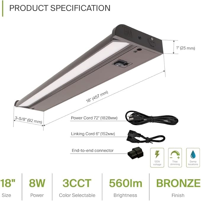 ASD Swivel LED Under Cabinet Lighting Bronze, 18 Inch 8W, Hardwired or Plug-in, 2700K/3000K/4000K, Hi/Low Switch, Rotatable Lens, Dimmable Linkable Under Counter Light for Kitchen, ETL & Energy Star