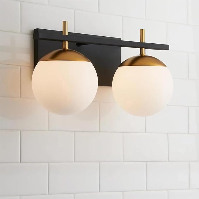 Mid Century 2-Light Bathroom Vanity Light Over Mirror, Black and Gold Modern Bathroom Light Fixtures with Milky White Frosted Glass Globe Shade, Wall Sconces for Bathroom, Stairs, Kitchen