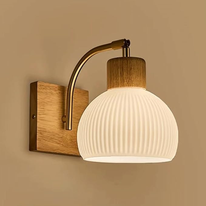 Globe Milk White Glass Wall Lamp Nordic Solid Wood Wall Sconce Adjustable Bedroom Bedside Reading Lighting, Modern Retro Half Globe Wooden Home Decor Lighting Fixture for Loft Living Room