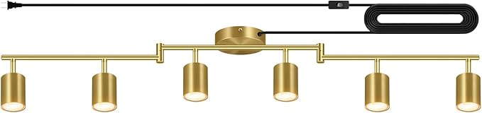 Plug in Track Lighting LED, Track Lighting Fixtures Ceiling, Gold 6-Light Kitchen Light Kit, Plug in Wall Light with 14.8ft Power Cord, Rotatable Ceiling Spotlight for Bedroom(GU10 Socket, NO Bulb)