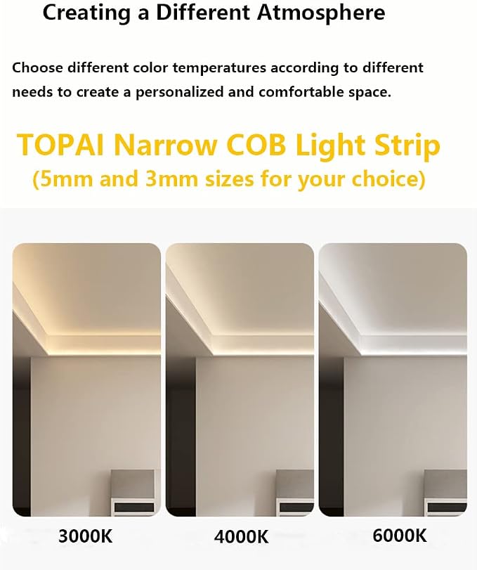 TOPAI 12V 5mm Dotless COB LED Strip 16.4ft 6000K Cool White Cabinet Light | Ultra Thin Tape Lights, CRI>90 400 LEDs/M, No Dark Spots, Flexible Cuttable, Self Adhesive Easy Install