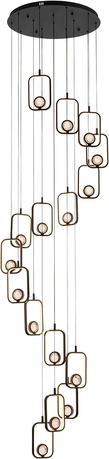 16 Lights Modern Staircase Chandelier Black Entryway High Ceiling Light Modern LED Chandelier16 Lights Black Crystal Light Fixture for Staircase Foyer Entryway Living Room