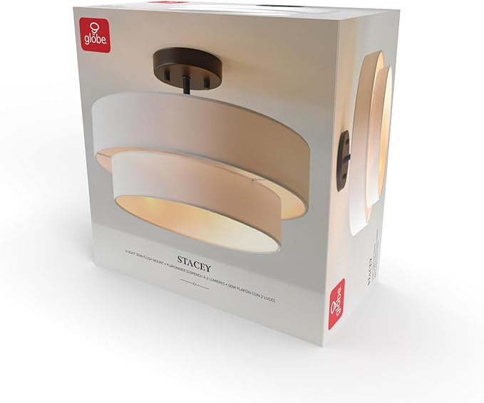 Globe Electric 66000138 2-Light Semi-Flush Mount Ceiling Light, Matte Black, 2-Tier, White Linen Shade, Home Improvement, Dining Room, Kitchen