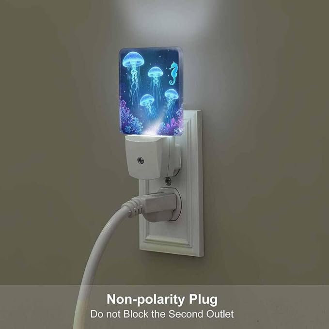 Jellyfish Seahorse LED Night Lights Plug into Wall Blue Underwater World Animal 0.5W Plug in Night Light, Dusk to Dawn, Bright Nightlight Auto On/Off, for Room Bedroom Bathroom