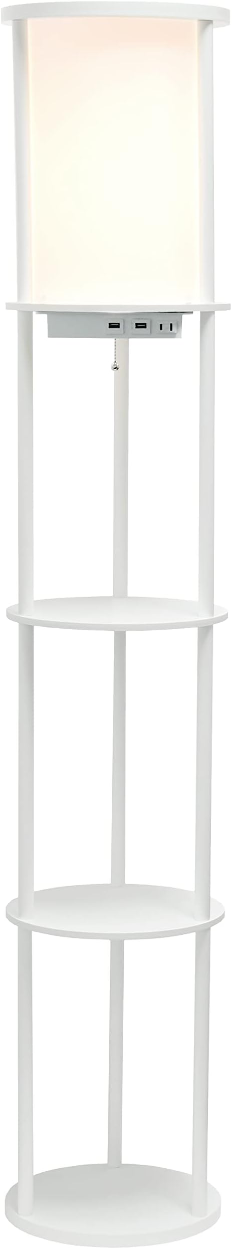 Simple Designs 62.5" LF2010-WHT Round Modern Shelf Etagere Organizer Storage Floor Lamp with 2 USB Charging Ports, 1 Charging Outlet and Linen Shade for Living Room Bedroom Office, White