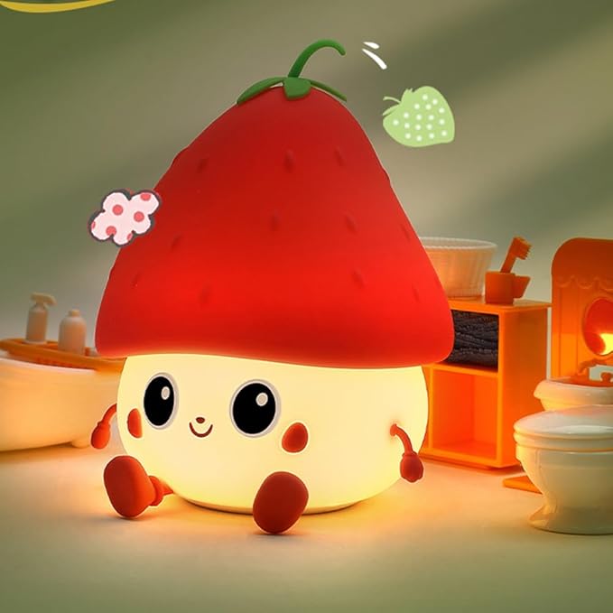 Strawberry Night Light, Cute Fruit Night Lamp for Kids Bedroom USB Rechargeable Lamps 2 Brightness Levels, Nursery Bedside Delay-Off Nightlight for Baby Toddler Boys Girls Birthday Christmas