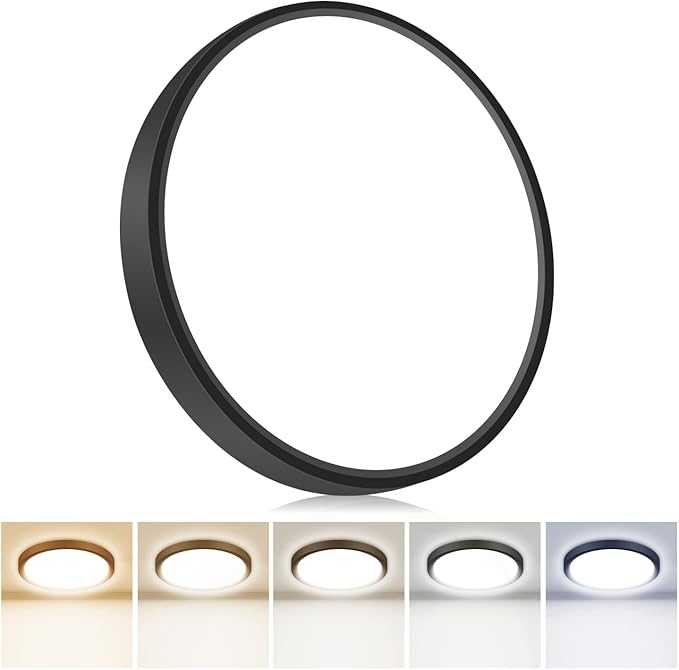 Flush Mount LED Ceiling Light Fixtures 5 Color Temperatures in One &100W Equivalent Flat Bathroom ceiling light,7Inch 15W Thin Round Black Surface Flushmount fixture for Closet,Bedroom,Kitchen,Hallway