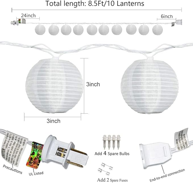Abeja White Nylon Lantern String Lights, 8.5Ft Outdoor White Lantern String Lights with 10 Mili Lights, Halloween Yard Decorations for Patio Bedroom Wedding Party Decoration
