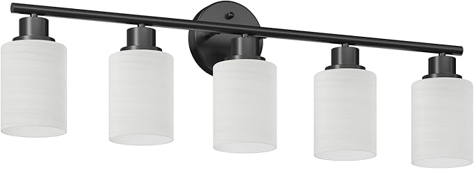 5-Light Bathroom Light Fixtures, E26 Base Vanity Lights for Mirror with Textured Milky White Glass Shade, Modern Kitchen Light Fixtures Wall Sconce Light - Black