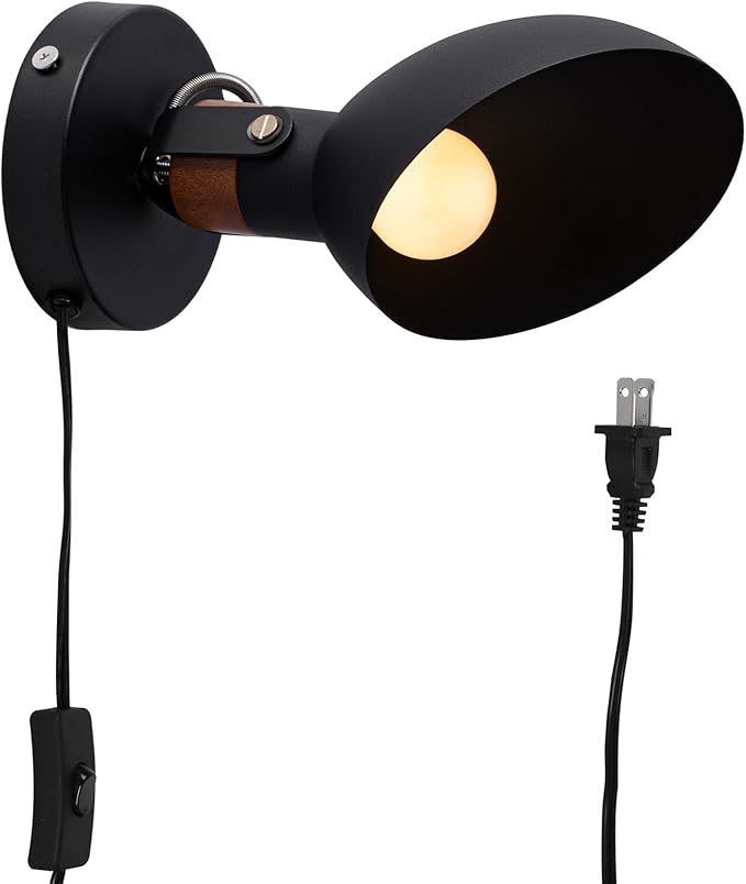 Aisilan Plug Wall Sconce Black Bedroom Wall Sconces Modern Adjustable Wall Lamp with E12 Bulb Wooden Indoor Wall Lighting for Bedside Living Room Hallway Reading 5W 3000K