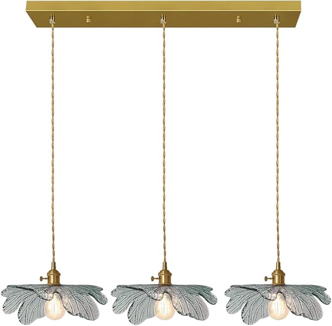 3-Light Mid Century Chandelier Dark Green Leaf Glass for Kitchen | Vintage cluster Pendant Light Fixtures, Hanging Lamp, E26 Gold Brass , flush mount Adjustable 59" For Dining room Bathroom