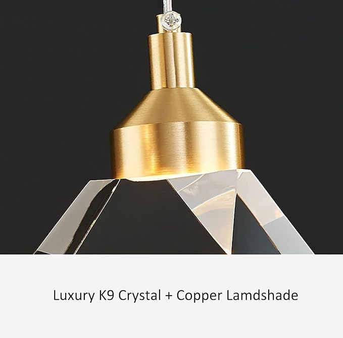 Modern Crystal Pendant Light, 3-Color LED Crystal Pendant Light, Adjustable Height Gold Ceiling Hanging Pendant Lamp, for Kitchen Island Bedroom Dining Room (Gold)