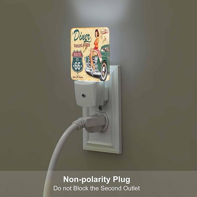 LED Night Light,Diner Route 66 Vintage Girl Red Skirt LED Night Light Plug into Wall with Dusk to Dawn Light Sensor White Energy Efficient Nightlight for Bedroom Bathroom Hallway Living Room Kitchen