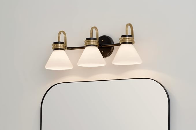 Kichler Farum 3-Light Bathroom Vanity Light, Black | Modern vanity light with opal glass and champagne bronze accents (26" x 9.5"), 55155BK