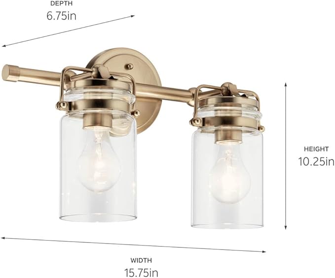 Kichler Brinley 15.75" 2 Light Vanity Light in Champagne Bronze with Clear Glass for Bathroom and Powder Room, (15.75" W x 10.25" H),45688CPZ
