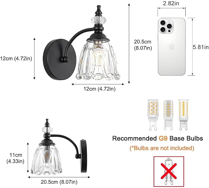 Vintage Black Wall Sconces Set of Two, Matte Black Bathroom Vanity Light Fixtures, G9 Bulbs Bathroom Sconces Set of 2, Glass Wall Lights for Bathroom, Bedroom, Hallway