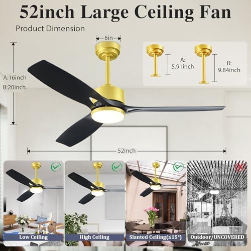 Ceiling Fans with Lights and Remote - 52 Inch Smart App Control Modern Low Profile Fandelier - Flush Mount for Living Room, Bedroom, Farmhouse - 35w Led Lighting Bulb - Quiet DC Motor - Black Gold