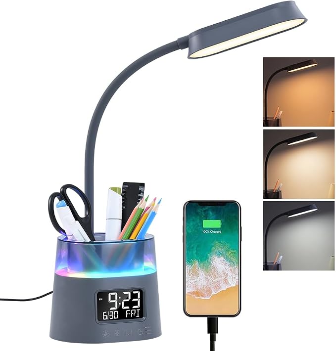 WILIT LED Desk Lamp for College Dorm Room Essentials, Students Study Lamp with USB Charging Port, Pen Holder, Clock & RGB Night Light, Office Desk Accessories, Table Lamp for Bedroom - Gray