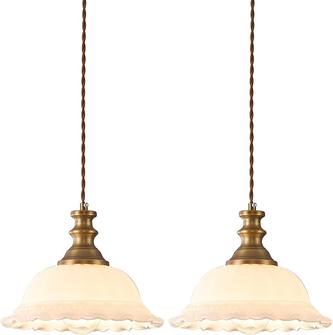 HDDFL Glass Pendant Lights Modern Pendant Lighting Fixtures Hanging Lamp for Kitchen Island Bedroom Dining Room Coffee Shop Hallway White and Brass 2 Pack