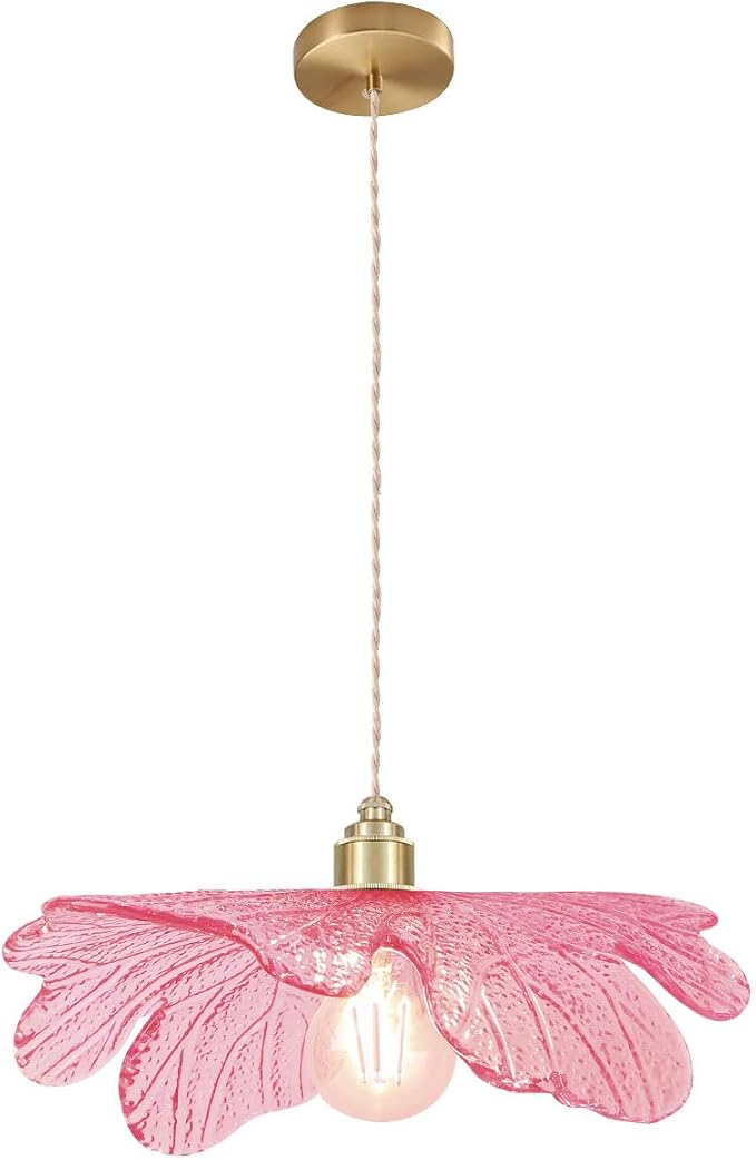 Art Decor Leaf Pendant Light Modern Hanging Ceiling Light Large Vintage Retro Pendant Lights 15.75" Pink Glass Shade for Kitchen Island Dining Room Entryway