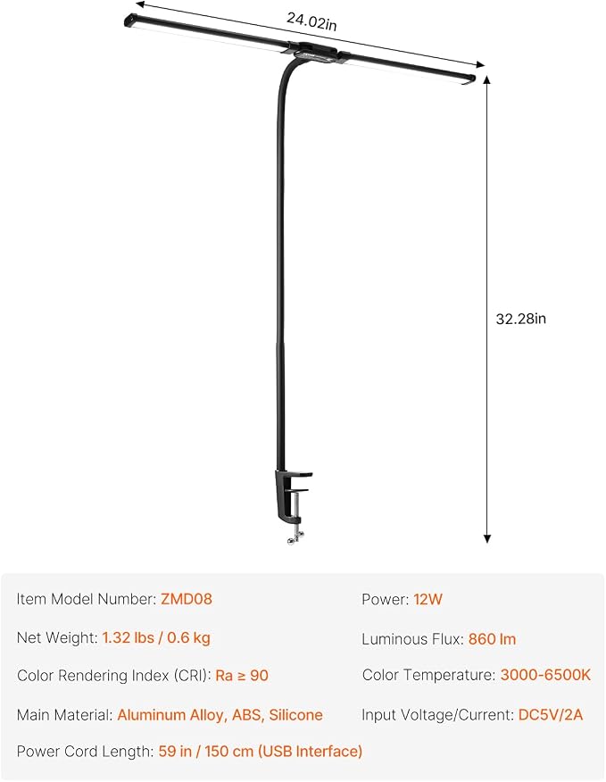 VEVOR LED Desk Lamp with Clamp, Double Head Architect Desk Lamp for Home Office, Eye-Caring Desk Light with 360° Adjustable Gooseneck, 50 Lighting Modes & Timer Function for Studying Working Drawing