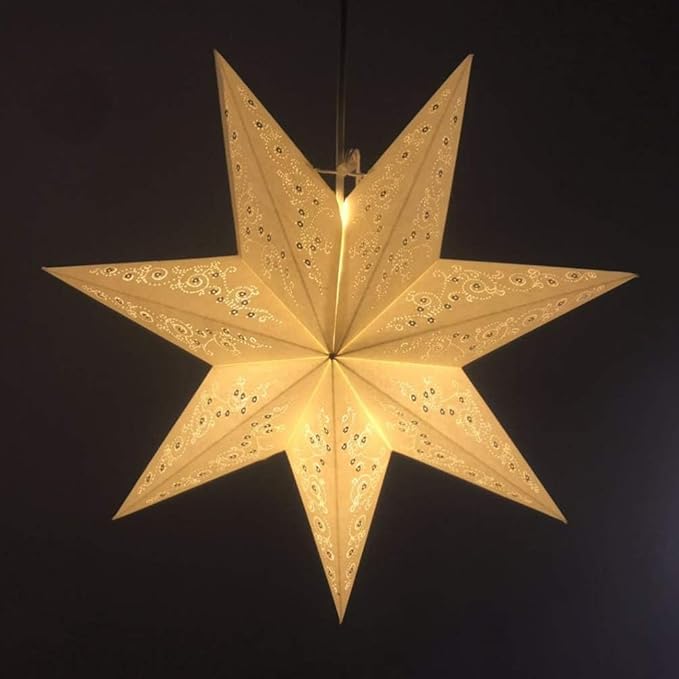 VICASKY Paper Star Lantern - Anti-Tear Reinforced Lamp Shade for Christmas Decoration: Seven-Pointed Hanging Light for Wedding Party - 17.7in White