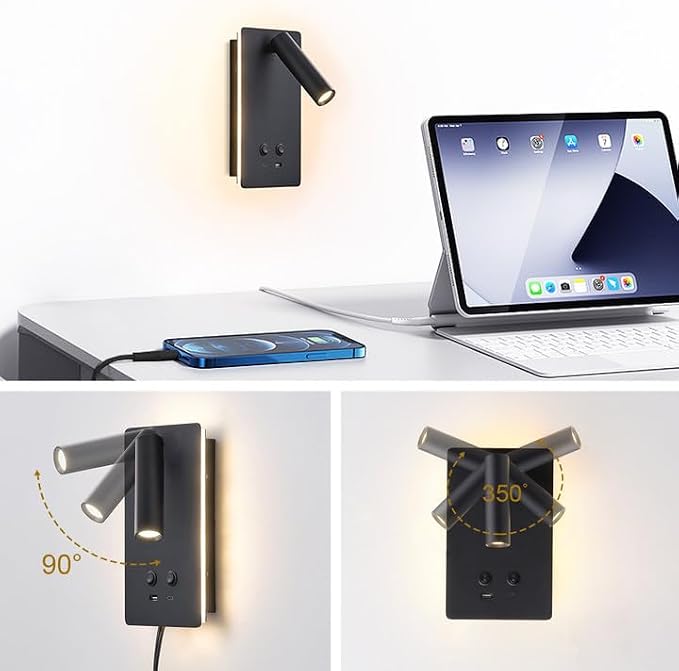 MOLUOLA LED Wall Lamp Wall Mounted Reading Lights Set of 2, Adjustable Headboard Plug in Wall Sconce with USB C+A Ports, Headboard Bedside Lamp with 9W+3W Night Light 3000K (Black)