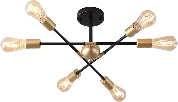 Modern Semi Flush Mount Ceiling Light Fixture Black and Gold Close to Ceiling Light 6-Light Sputnik Chandelier Light Fixture for Hallway Entryway Bedroom Kitchen Dining Room UL Listed