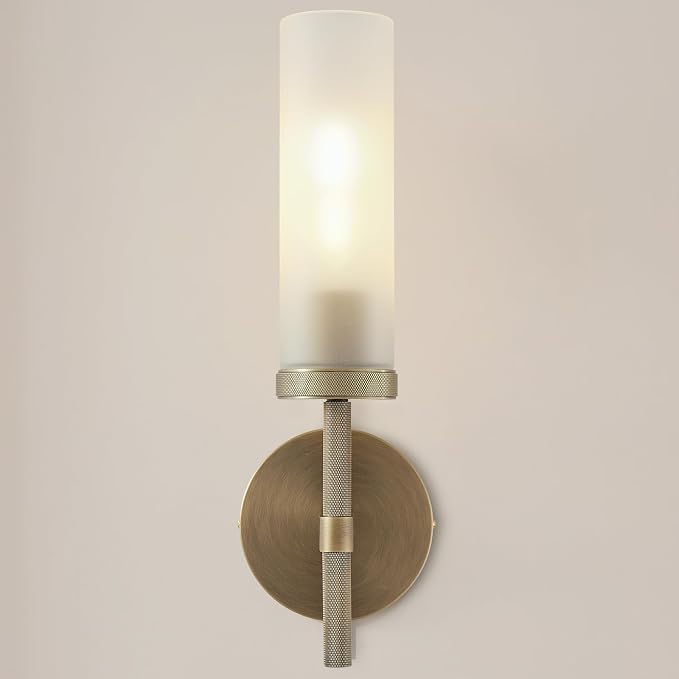 15" Hardwired Frosted Glass Bathroom Wall Sconces, Handmade Knurled Brass Wall Light Fixture,Modern Vanity Light for Living Room,Hallway, Bedroom, Indoor Sconces