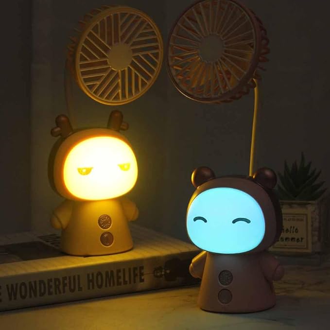 Mini Handheld Fan Cartoon Portable Fan with Night Light USB Rechargeable Battery Operated Folding Small Fan for Home Kids Children Table Study Desk Lamp LED Light (Purple)