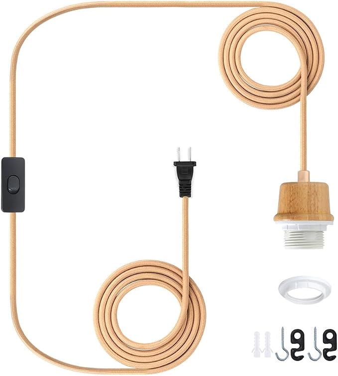 Plug in Pendant Light Cord, 15FT Weaved Plug in Hanging Light Cord Kit | Pendant Light Socket with On/Off Switch, Farmhouse Hanging Lights with Plug in Cord, E26 E27 Light Socket Cord, No Bulb