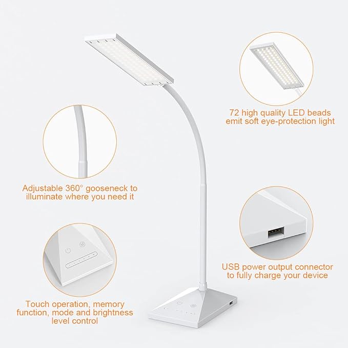 Vansuny LED Desk Lamp with USB Charging Port, Eye-Caring, 5 Color Modes,6 Brightness Levels, Touch Control, Adjustable Neck, Memory Function for Dorm Office Work Bedroom (12W,White)