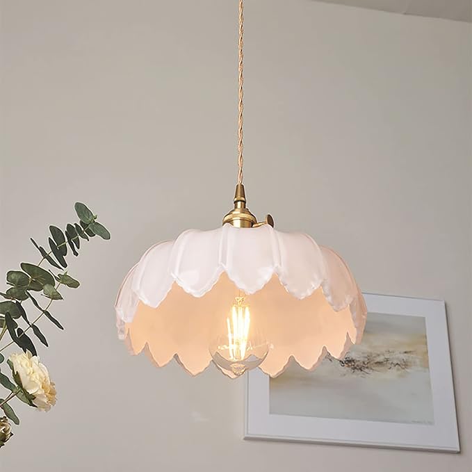 Milk White Glass Pendant Light Fixtures Medium 9.8 Inches Lampshade Gold Brass Finish and Switch Vintage Pendant Ceiling Lamp Copper Pendant Lighting (Milk White)