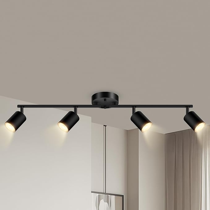 AUQUEE 4 Light Track Lighting Fixtures Ceiling, Black Kichen Track Lighting Fixtures with Rotatable Light Heads, Foldable Lamp Arms, Modern LED Track Lights for Kitchen/Hallway, No GU10 Bulb