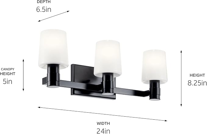Kichler Adani 3-Light Bathroom Vanity Light, Black | Modern vanity light with opal glass for bathrooms and powder rooms (24" x 8.25"), 55176BK