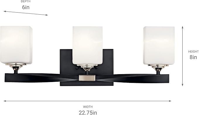 Kichler Marette 3-Light Bathroom Vanity Light, Black | Modern transitional vanity light with satin etched cased opal glass (22.75" x 8"), 55002BK