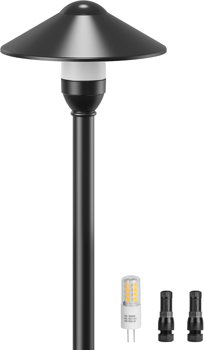 Low Voltage Landscape Lighting 1-Pack, Aluminum 12V Pathway Lights with G4 Bulbs, Waterproof Stylish Matte Black Color Round Shade Path Lights with Connectors for Walkway Yard Garden