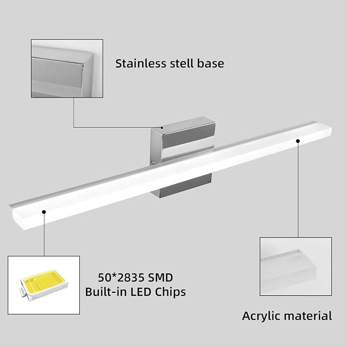 24 Inch Chrome LED Bathroom Vanity Light, 14W 6000K Cool White Over Mirror Lighting Fixture, Modern Hardwired Linear Wall Sconce for Bathroom Bedroom