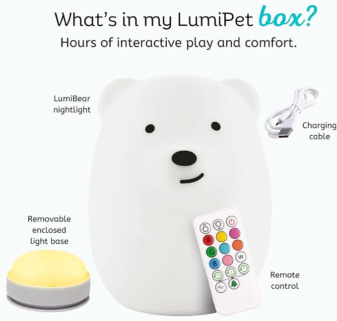 Bear Squishy Night Light for Kids, Silicone Lamp with Remote | Tap Control | Rechargeable 9-Color Changing | Nursery Nightlight for Boys & Girls | Portable Animal Lamp | USB Cord Included