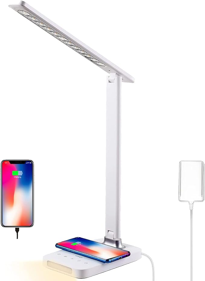 VAVOFO LED Desk Lamp with USB Charger, USB Charging Port, Table Lamp with 5 Brightness Levels Touch Control, 30/60 min Auto Timer, Dimmable Eye-Caring Desk Light for Home Office